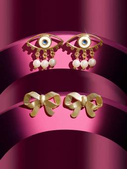 Zaveri Pearls - Gold Tone Bow Evil Eye Contemporary Studs Earrings (Pack of 2)