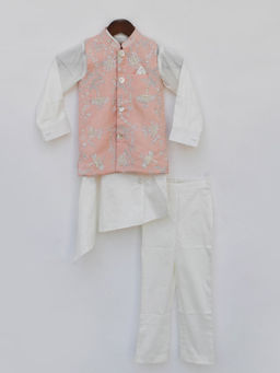 Fayon Kids - Off white Kurta Pant with Peach Embroidered Jacket (Set of 3)