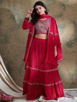 Miss Ethnik - Pink Embroidered Lehenga Choli, Jacket and Lehenga with Dupatta (Set of 4)