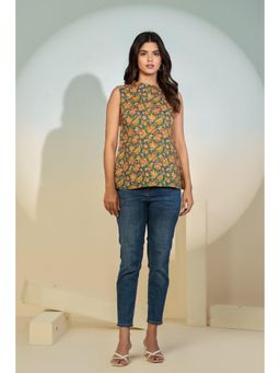 Gahan - Women Green Floral Printed Sleeveless Cotton Top