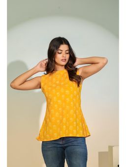 Gahan - Women Mustard Yellow Printed Sleeveless Cotton Top