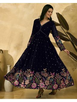 Gahan - Navy Blue Georgette Zari Sequence Thread Embroidered with Hand Work Gown