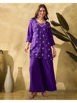 Gahan - Purple Mal Chanderi Zari Sequence Embroidered Kurta and Inner with Palazzo