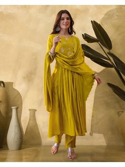 Gahan - Yellow Mal Channderi Zari Sequence Anarkali Embroidered Kurta with Pant and Dupatta