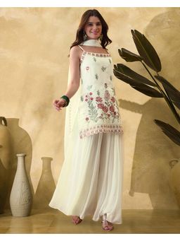 Gahan - Cream Silk Blend Zari Sequence Thread Embroidered Kurta with Palazzo and Dupatta