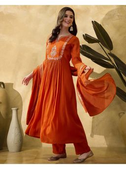 Gahan - Rust Roman Silk Zari Sequence Anarkali Hand Embroidered Kurta with Pant and Dupatta