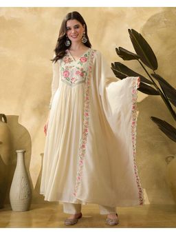 Gahan - Off White Mal Chanderi Zari Sequence Anarkali Embroidered Kurta with Pant and Dupatta.