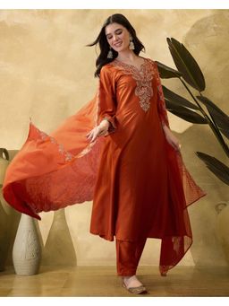 Gahan - Rust Bitaliyan Silk Blend Zari Anarkali Embroidered Kurta with Pant and Dupatta