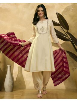 Gahan - Off White Shimmer Silk Blend Zari Embroidered Kurta with Patiala Salwar and Dupatta