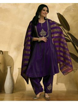 Gahan - Purple Shimmer Silk Blend Zari Embroidered Kurta with Patiala Salwar and Dupatta