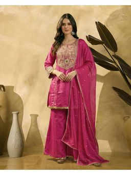Gahan - Pink Natural Embroidered with Mirror Work and Lace Kurta with Palazzo and Dupatta