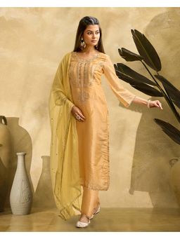 Gahan - Yellow Gold Crush Embroidered with Mukaish Work Kurta with Pant and Dupatta