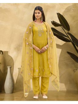 Gahan - Yellow Gold Crush Zari Thread Cording Embroidered Kurta with Pant and Dupatta