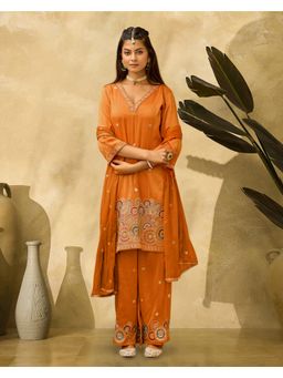 Gahan - Orange Pure Viscose Shimmer Hand Embroidered Kurta with Palazzo and Dupatta