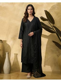 Gahan - Black Pure Russian Silk Sequence Thread Hand Embroidered Kurta with Sharara and Dupatta