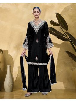 Gahan - Black Pure Russian Silk Embroidered with Gota Patti Kurta with Palazzo and Dupatta