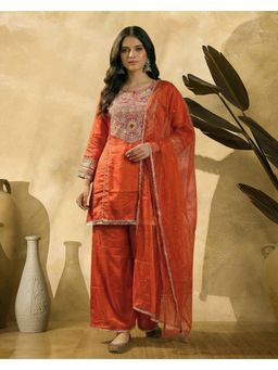Gahan - Orange Natural Embroidered with Mirror Work and Lace Kurta with Palazzo and Dupatta