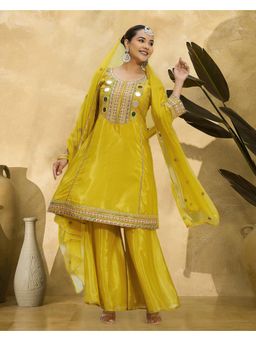 Gahan - Mustard Zari Sequence Embroidered Gota Patti Kurta and Palazzo with Dupatta