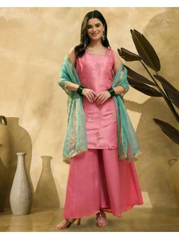 Gahan - Pink Silk Blend Zari Sequence Cording Embroidered Kurta with Palazzo and Dupatta