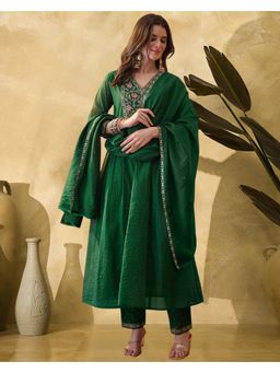Gahan - Green Cotton Blend Zari Sequence Anarkali Embroidered Kurta with Pant and Dupatta