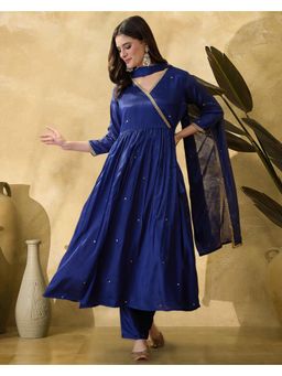 Gahan - Navy Blue Silk Blend Zari Anarkali Embroidered with Lace Kurta with Pant and Dupatta