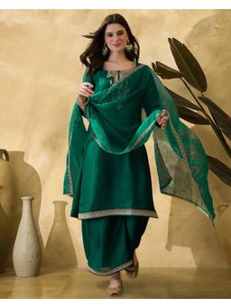 Gahan - Green Silk Blend Zari Sequence Embroidered Kurta with Palazzo and Dupatta