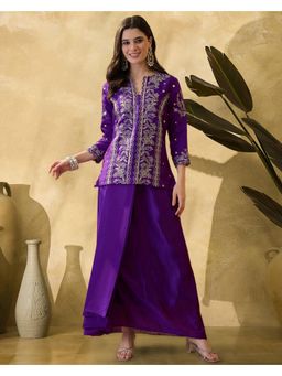 Gahan - Purple Poly Chinon Zari Sequence Cording Embroidered Tunic with Dhoti Style Skirt