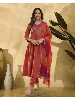 Gahan - Rust Natural Crepe Zari Sequence Anarkali Embroidered Kurta with Pant and Dupatta
