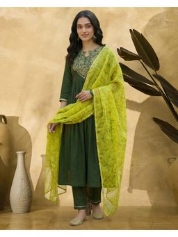 Gahan - Green Natural Crepe Zari Sequence Anarkali Embroidered Kurta with Pant and Dupatta