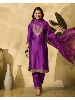 Gahan - Purple Vichitra Zari Sequence Thread Cording Kurta with Pant and Dupatta