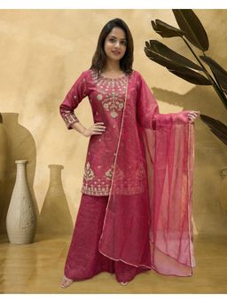 Gahan - Pink Silk Blend Zari Sequence Cording Embroidered Kurta with Palazzo and Dupatta