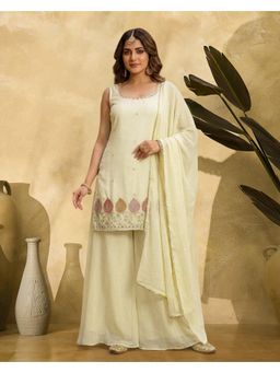Gahan - Cream Poly Chinon Zari Sequence Thread Embroidered Kurta with Palazzo and Dupatta