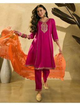 Gahan - Rani Vichitra Zari Sequence Thread Cording Kurta with Pant and Dupatta