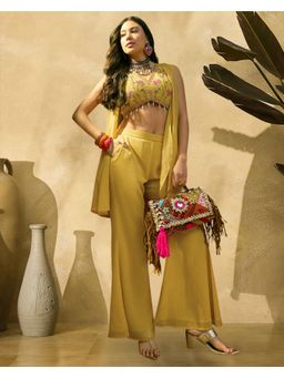Gahan - Yellow Milky Georgette Embroidered Choli with Flared Pant and Shrug
