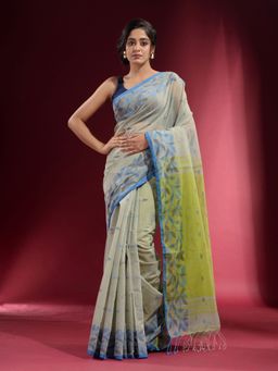 CHARUKRITI - Sage Green with Floral Border and Contrast Pallu Saree with Unstitched Blouse