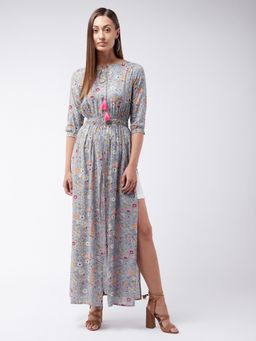 Miss Chase - Women's Multicolored- Base- Grey Floral Printed Elasticated Maxi Top