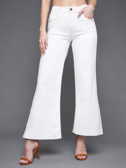 Miss Chase - Women's White Flared Mid Rise Ankle length Stretchable Denim Jeans