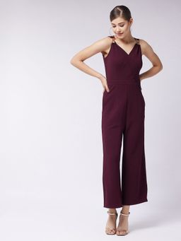 Miss Chase - Women's Wine V-Neck Sleeveless Solid Wrap Party Jumpsuit