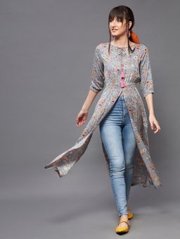 Miss Chase - Women's Multi-coloured Round neck 3-4th Sleeve Floral Elasticated Maxi Top