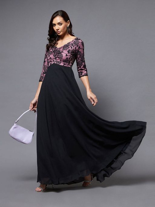 Buy Miss Chase Women's Black And Lavender 3/4 Sleeve Fit and Flare Maxi Party Dress Online Buy Miss Chase Women's Black And Lavender 3/4 Sleeve Fit and Flare Maxi Party Dress Online