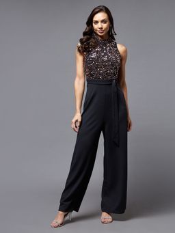 Miss Chase - Women's Black And Lavender Embellished Regular Party Jumpsuit