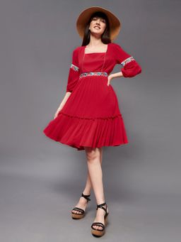 Miss Chase - Women's Red Square Neck Viscose Rayon Solid Gathered Knee Length Dress