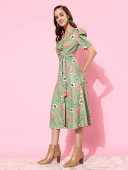 Miss Chase - Women's Green V-Neck Pleated Puff Sleeve Floral Printed Wrap Midi Dress