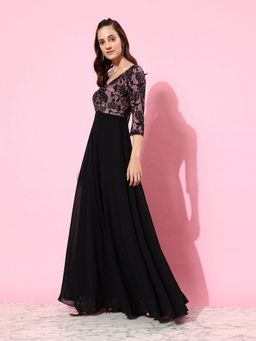 Miss Chase - Women's Black And Lavender Sweet heart neck Fit and Flare Maxi Party Dress