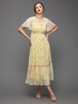 Miss Chase - Women's Multi-Colored Flared Sleeve Floral Printed Wrap Maxi Dress