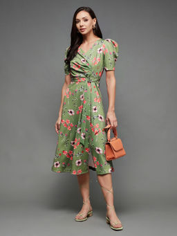 Miss Chase - Womens Green V-Neck Pleated Floral Wrap Polyester Midi Dress