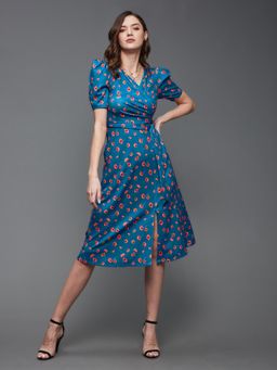 Miss Chase - Women Blue V-Neck Pleated Floral Patterned Wrap Midi Polyester Dress