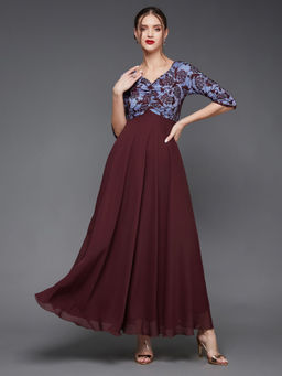 Miss Chase - Women's Wine Sweet heart neck Fit and Flare Laced Maxi Party Dress