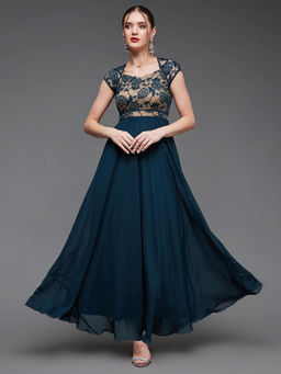 Miss Chase - Women's Teal Floral Short Sleeves Laced Fit and Flare Maxi Party Dress