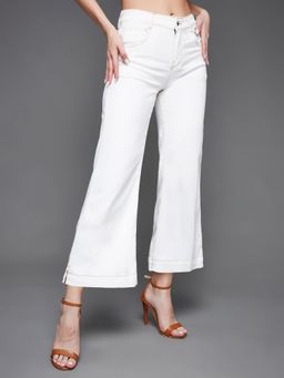 Miss Chase - Women White Flared Mid Rise Clean Look Ankle Length Stretchable Denim Jeans